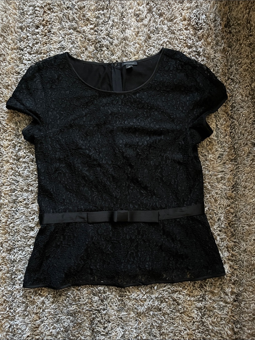 Ann Taylor Black Lace Peplum Blouse with Satin Waist Bow
